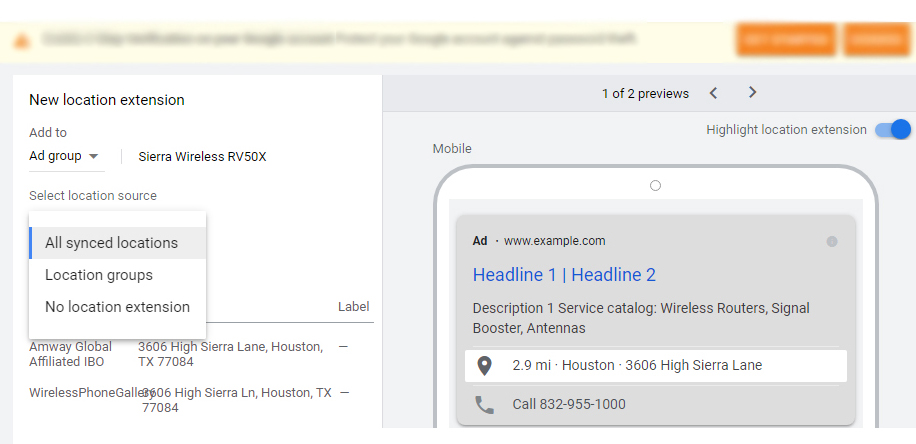Google ads location extension
