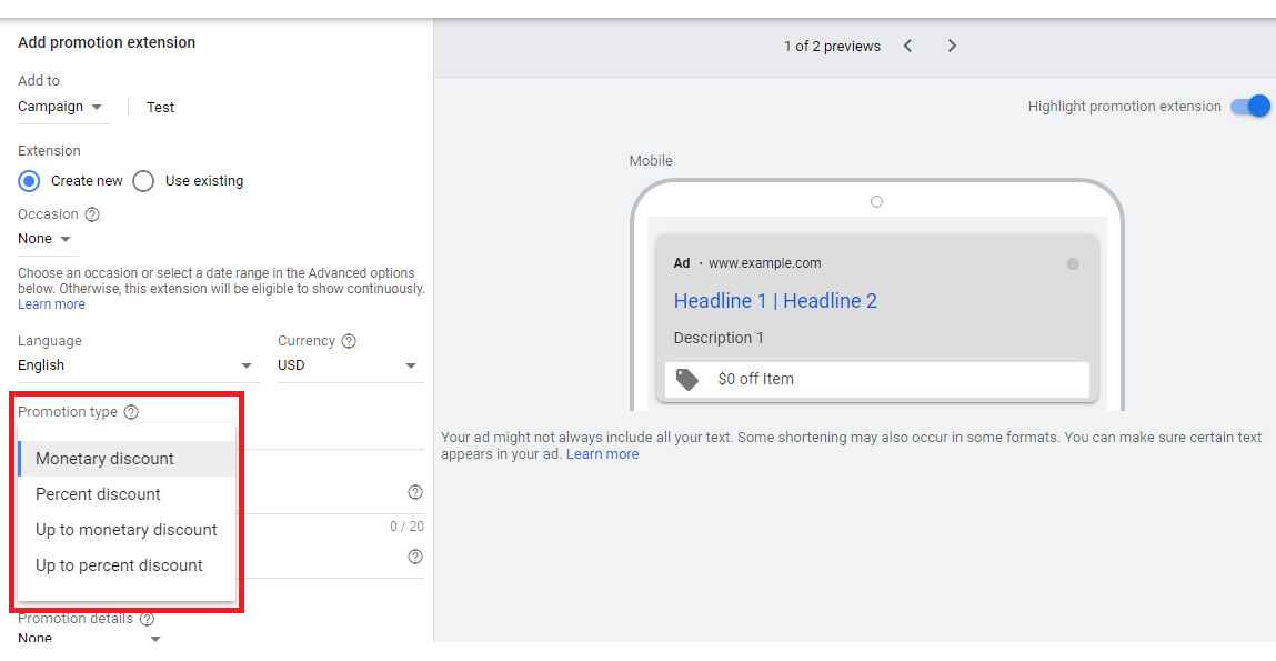 google ads promotion extensions