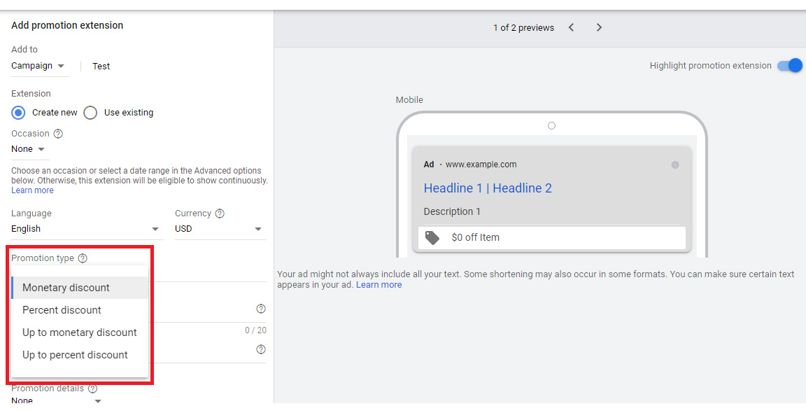 google ads promotion extensions