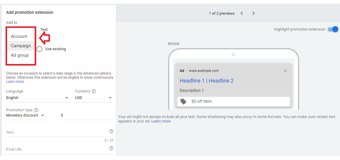 google ads promotion extensions