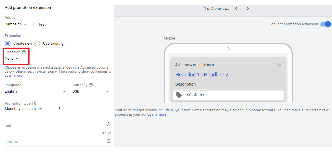google ads promotion extensions