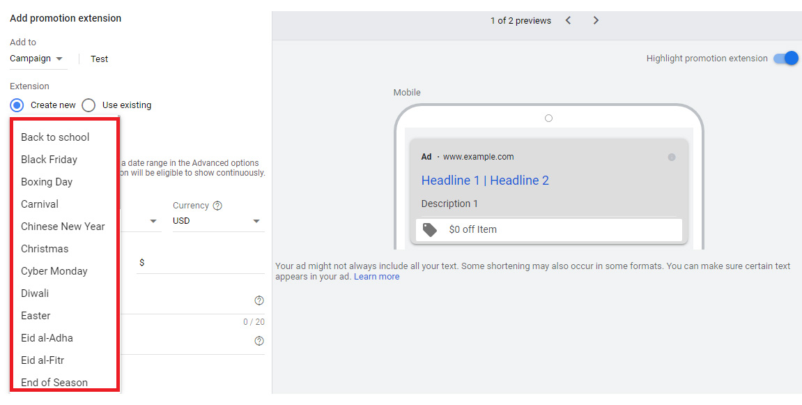 google ads promotion extensions