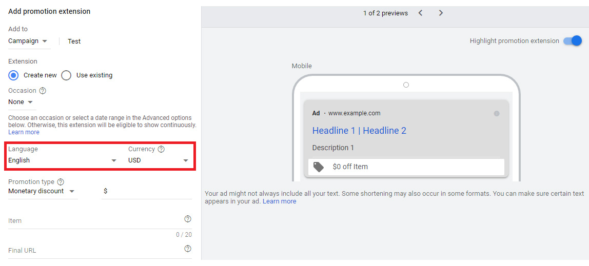 google ads promotion extensions