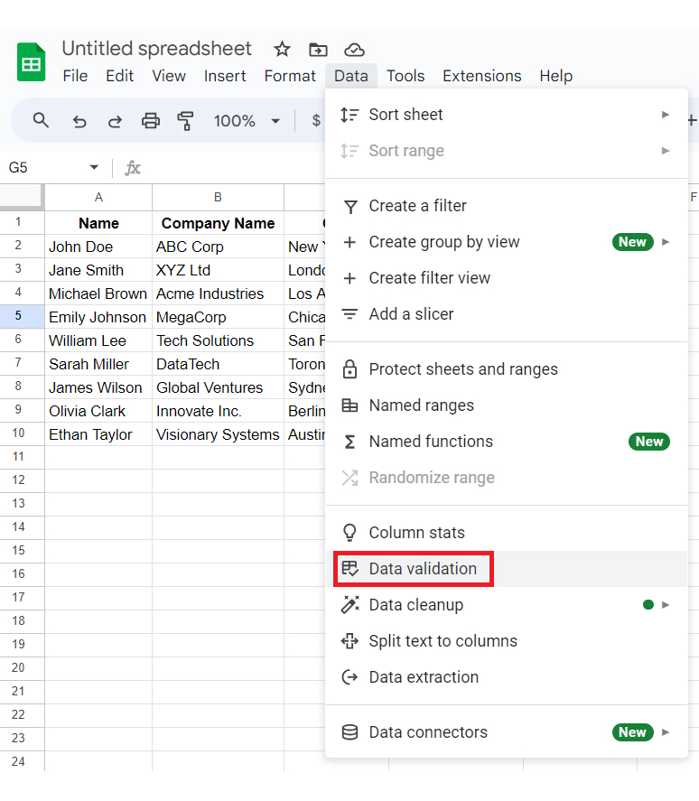 Data Validation in Google Sheets 2